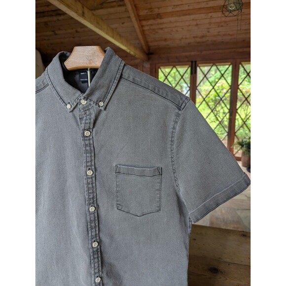Asos Design Button Down Shirt Mens Large Gray Chambray Short Cuff Sleeve Casual - Picture 3 of 16